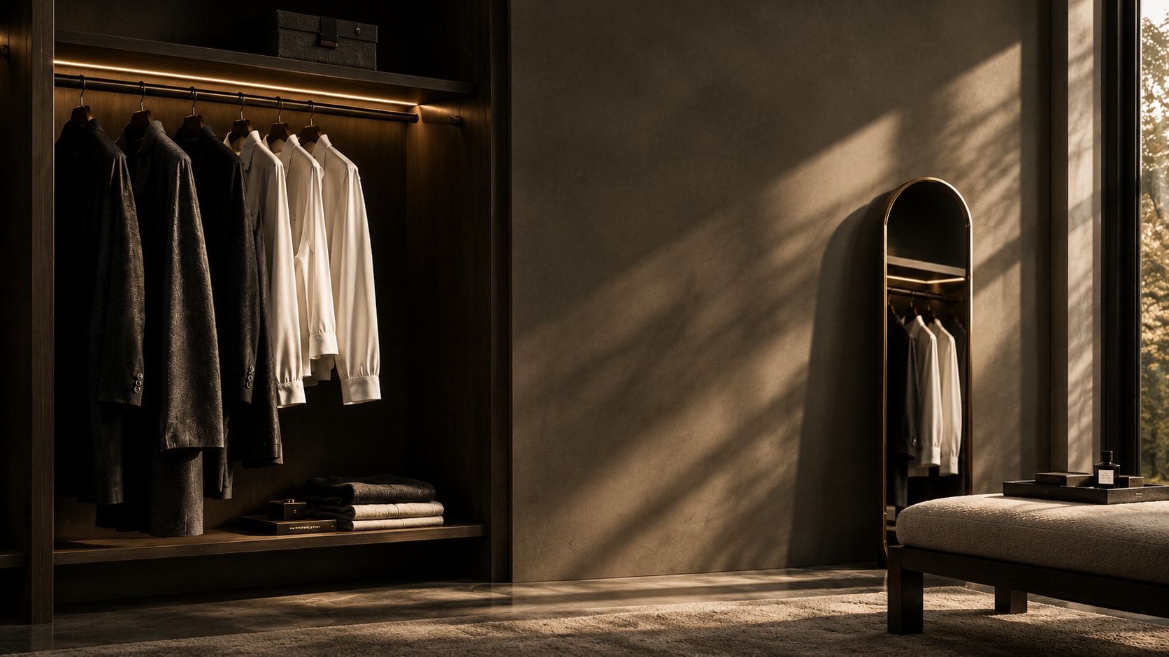 Dark jackets and white shirts in a softly lit wardrobe, late sun on the wall